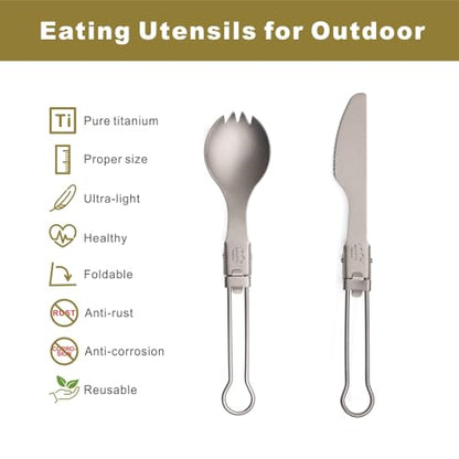 SANTTA Portable Titanium Foldable Eating Utensils with Pouch and Carabiner for Backpacking, Hiking, Camping and Traveling - style: 2-pc set