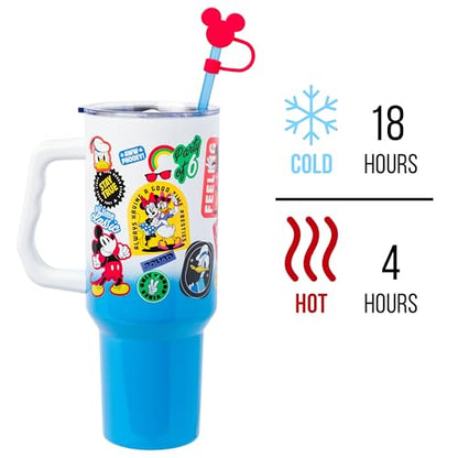 Silver Buffalo Disney Mickey and Friends Featuring Donald Duck, Daisy Duck, Minnie Mouse, Mickey Mouse, Goofy, and Pluto Stainless Steel Tumbler with Straw Cover, Lid, Straw, and Handle, 40 Ounces - color: Mickey and Friends