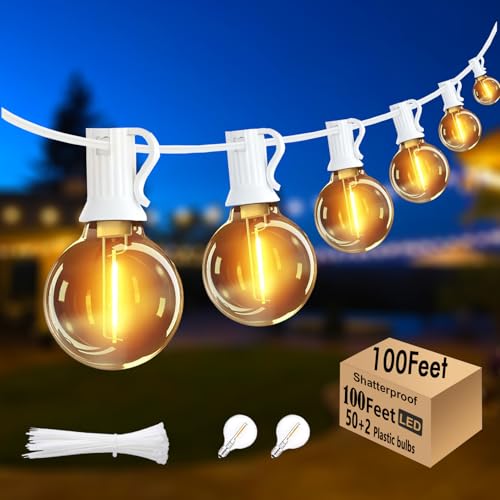 G40 LED Outdoor String Lights White 100FT Patio Lights with 52 Shatterproof Edison Bulb, White String Lights Waterproof Outside for Wedding,Proposal,Party,Anniversary - color: White-2200K, size: G40 100FT