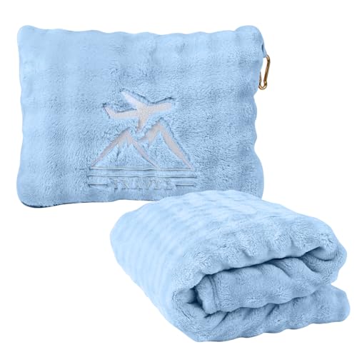 Travel Blanket and Pillow-2-in-1, Ultra-Soft&Compact, One-Piece Airplane Blanket with Hand Luggage Belt and Backpack Clip,Travelers Accessories Gifts, 61x43 Inches (Blue) - color: Blue