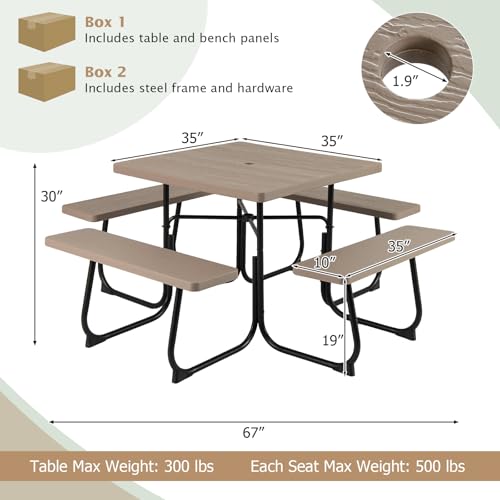 Tangkula 8 Person Picnic Table, Outdoor Square Picnic Table with 4 Built-in Benches, Umbrella Hole, Metal Frame & HDPE Tabletop, Outside Table and Bench Set for Backyard, 2300lbs Weight Capacity - color: Coffee