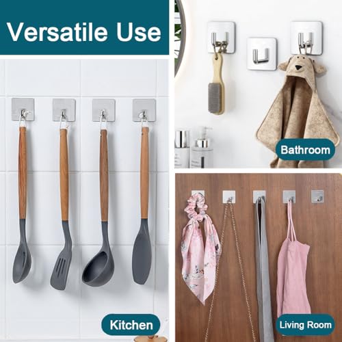Adhesive Towel Hooks, 8 Pack Self Adhesive Coat Sticky Hooks for Hanging, Stainless Steel Stick on Wall Hat Hook, Bathrooms Kitchen Livingroom Garage, Silver - style: S-Silver-90°