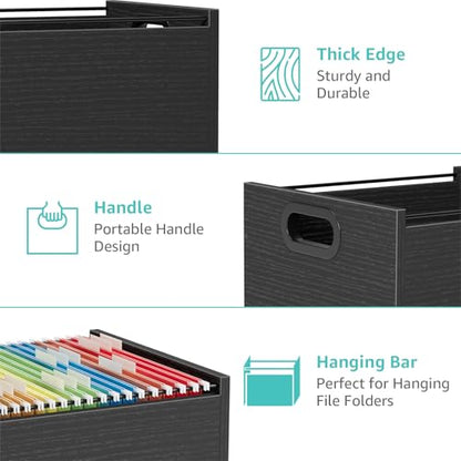 ROSONG Black Wood File Organizer Box - Filing Bin for Letter & A4 Size Wood Decorative Hanging File Folders Storage Crate with Handle, Sturdy Home Office Filing Cabinet System