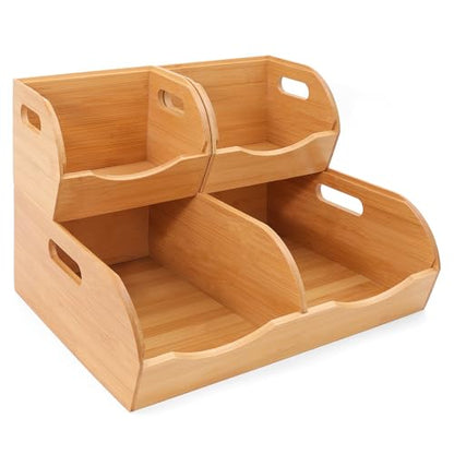 Stackable Bamboo Pantry Organizer - 3-Piece Storage Basket Set for Potato, Onion & Kitchen Cabinet, Tool-Free Assembly, Multi-Size Bins