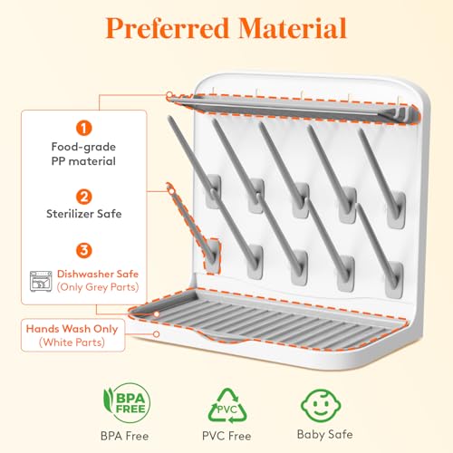 Lifewit Baby Bottle Drying Rack with 10 Hooks, Newborn Essentials Must Haves, Bottle Storage Organizer for Countertop, Cabinet, Rack Dryer Holder for Pacifiers, Pump Parts, Baby Stuff - size: Medium-10 Hooks, style: without Drain Mat