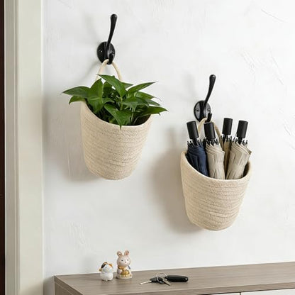 4 Pack Hanging Woven Basket, Small Hanging Basket for Wall, Boho Style Cotton Rope Storage Organizer, Woven Wall Baskets for Home Decor (Beige, 5.5" x 5.5")
