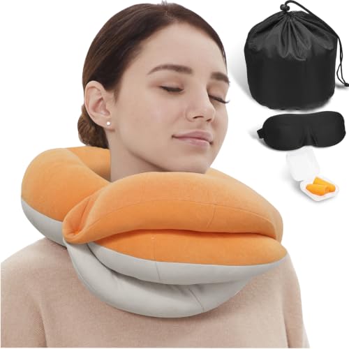 BUYUE Travel Neck Pillows for Airplanes, Memory Foam 360° Head Support Sleep for Long Flight, Skin-Friendly & Breathable, Kit with Eye Mask, Earplugs and Storage Bag (Adult, Orange, 90+ lbs) - color: Orange, size: Adult