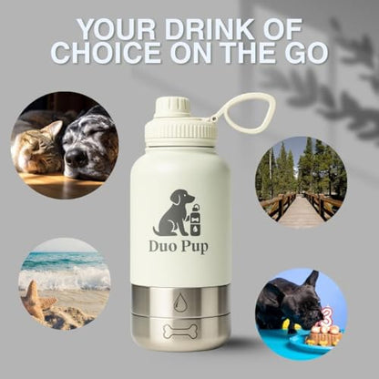 DuoPup 32oz Insulated Stainless Steel Pet Water & Food Bottle – Portable Leak-Resistant Dispenser with Two Detachable Bowls & Carrying Strap – Travel, Hiking & Outdoor Pet Hydration – Dark Green - color: Dark Green