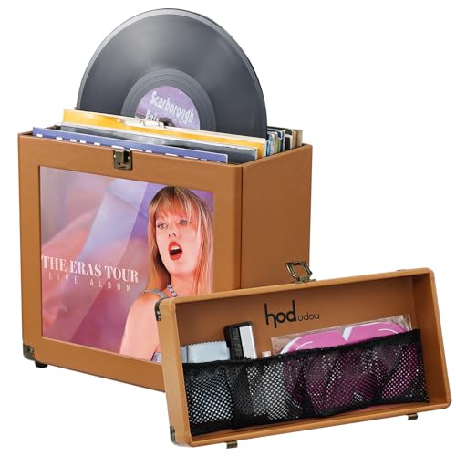 Hododou Vinyl Record Storage Box with Lock Record Organizer Storage for 30+ Single Records 12-inch Water Resistant Collapsible Storage Crate with Lid Handle Mesh Pouch for Vinyl Collect Acrylic Brown - color: Acrylic Brown