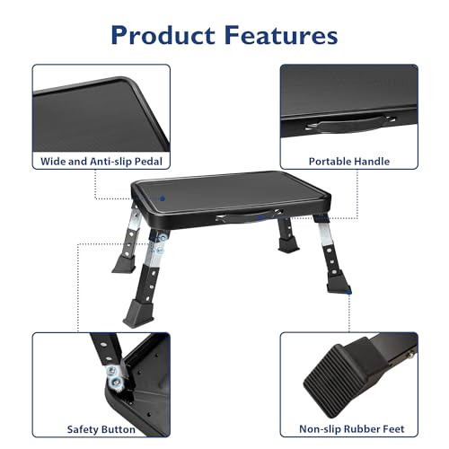 BONTEC Folding Step Stool, 3-Level Adjustable Metal Step Stool with Anti-Slip Pedal and Locking Legs, 330lbs Heavy Duty Folding Foot Stool, Portable Stepping Stool for Kids, Kitchen, Home, Office