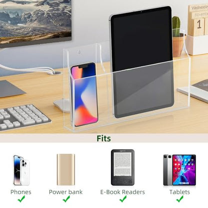 VANCORE Clear Wall Mounted Phone Holder Acrylic Remote Control Holder Media Organizer Caddy with Holes for Charging Phone Tablet Holder (Two Compartments)