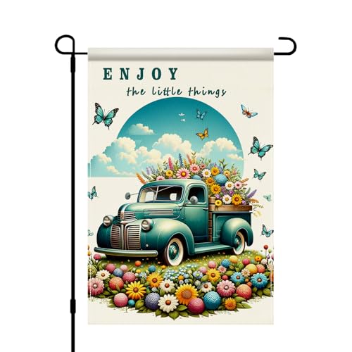 BlissYard Spring Vintage Truck Garden Flag 12x18 Double Sided Vertical Outdoor Decor Flower Butterfly Farm Truck Yard Garden Flag Burlap Garden Flag for Porch Patio Lawn Spring Summer Decoration - color: Spring Vintage Truck Garden Flag