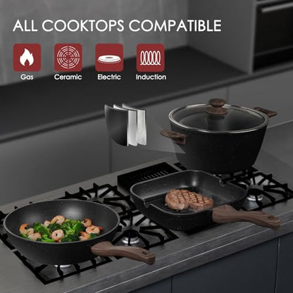 Kikcoin Pots and Pans Set Non Stick 31 Piece Kitchen Nonstick Cooking Cookware Sets with Grill Pan Saucepan Baking Sheet Utensil, Black - color: Black