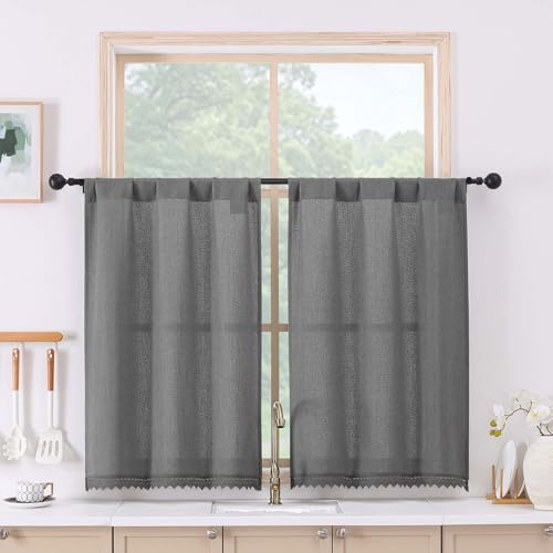 Chyhomenyc Lace Short Kitchen Curtains 36 Inch Length - Light Filtering Faux Linen Living Room Half Window Curtains, Farmhouse Vintage Boho Curtain for Bathroom Cabinet, 26Wx36L, 2 Pieces, Dark Grey - color: Dark Grey, size: 26"W x 36"L (Pack of 2)