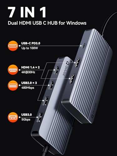 QUUGE Docking Station Dual Monitor 2 HDMI, 7 in 1 USB C Hub with Dual HDMI 4K, PD Charging, 5Gbps USB 3.0, 3 USB2.0, USB C Docking Station for Dell XPS/HP/Lenovo/Surface/Yoga etc