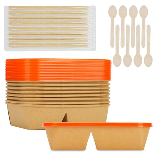 8 Pack 32oz Paper Lunch Box Bento Boxes, 2-Compartment Kraft Brown Paper Take Out Food Containers with Lids, Leakproof Microwave Safe, Disposable To Go Boxes for Picnics, Offices, Catering, Orange - color: Orange Lid & Kraft Brown Box