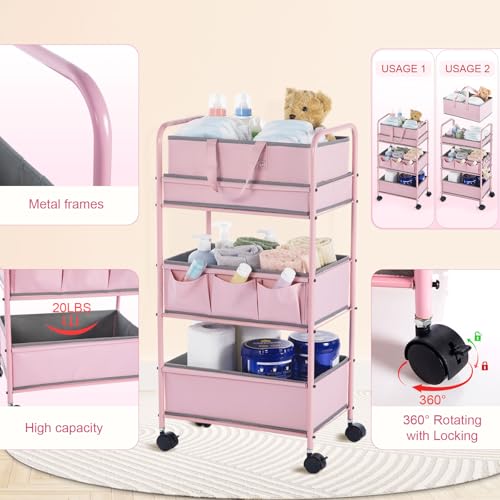 Honeydak 2in1 Baby Diaper Caddy Organizer Cart 3 Tier Large Capacity Metal Utility Bedside Rolling Cart with Divider Newborn Registry Nursery Essential Must Have Crib Bedroom Baby Shower(Pink) - color: Pink