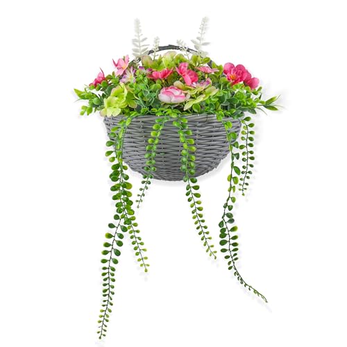 Artificial Flower Wall Basket Decor, Hanging Faux Rose & Camellia Floral Basket with Greenery, Farmhouse Wall Decor for Indoor Outdoor, Entryway, Porch - color: Pink-bg