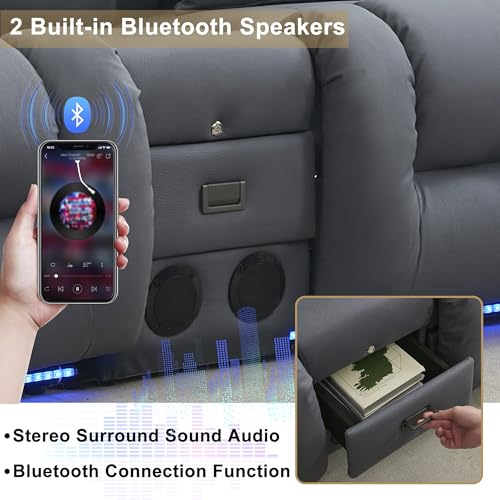 URRED Power Loveseat Recliner Sofa with Massage and Heat, Wall Hugger Reclining Loveseat with Console, RV Couch Home Theater Seating with LED Lights for Living Room (Blue Grey, 67" - 2 Seats) - color: Blue Grey, size: 67" - 2 Seats