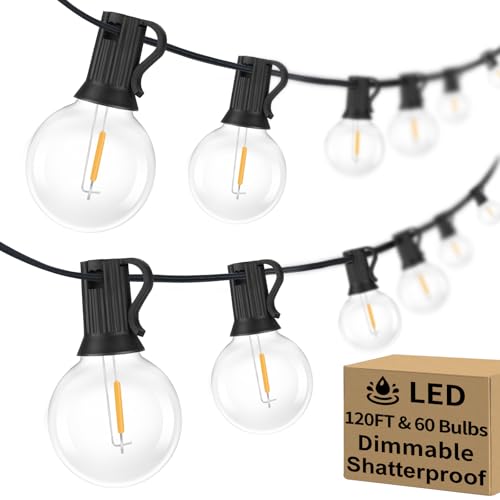 Bosceos 120FT Outdoor G40 LED Globe String Lights Dimmable Waterproof Shatterproof Light Strings with 60 Bulbs Connectable Commercial Hanging Lights for Christmas Patio House Backyard Balcony Party - color: Black, size: 120FT-Warm White