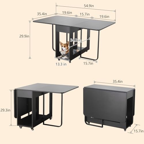Folding Dining Room Table with Two Drawers for 4/6 with Space Saving Drop Leaf Table,Lockable Wheels & Storage, Heavy Duty Plywood Top 300lb, Convertible Desk for Apartments/RV/Home Office - color: Black-1