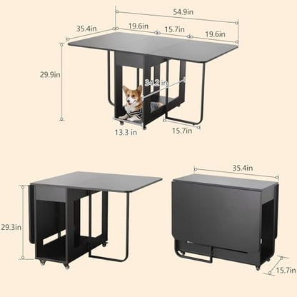 Folding Dining Room Table with Two Drawers for 4/6 with Space Saving Drop Leaf Table,Lockable Wheels & Storage, Heavy Duty Plywood Top 300lb, Convertible Desk for Apartments/RV/Home Office - color: Black-1