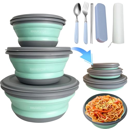 Collapsible Camping Bowl with Lid, Silicone Salad Bowl Serving, Microwave Foldable Soup Ramen Serving for Travel, Picnic, Rv(Blue) - color: Blue