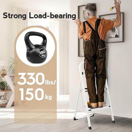 HBTower Step Ladder Folding Step Stool for Adults with Anti-Slip Pedal,330 lbs Capacity for Kitchen, Home,White - size: 2 Step Ladder
