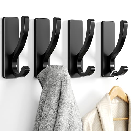 pickpiff Adhesive Wall Hooks for Towels - Sticky Hook Hanging Heavy Duty (13lb), Hanger for Door, Bathroom, Dorm, Closet - for Coats, Purse, Bag, Robe - No Damage to Wall - Black 4 Pack - color: Black, size: 4 Pack