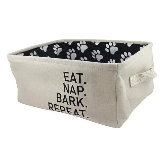 Pet Toy Storage Basket – Collapsible Fabric Bin for Dogs & Cats, Rectangular Pet Toy Box Organizer for Toys, Leashes, Blankets & Supplies (Eat. Nap. Bark. Repeat. (Paw Print Liner), 17"x13") - color: Eat. Nap. Bark. Repeat. (Paw Print Liner), size: 17"x13