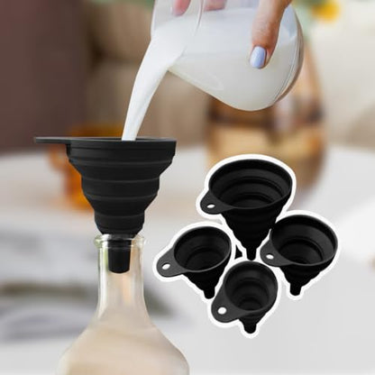 Kitchen Funnel Set 4 Pack, Small and Large, Kitchen Gadgets Accessories Foldable Silicone Collapsible Funnels for Filling Water Bottle Liquid Transfer Food Grade(Black) - color: Black