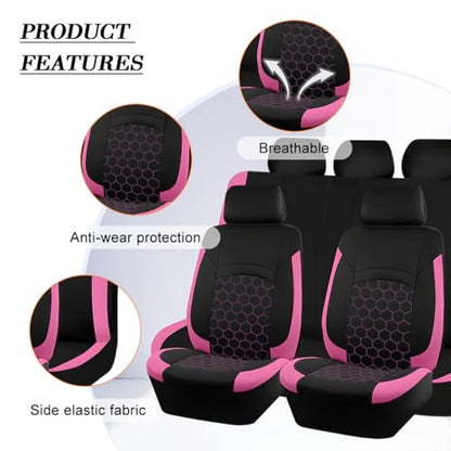 Car Seat Cover Full Sets, Polyester Foam Breathable Waterproof Vehicle Split Front Rear Seat Protectors, Automotive Interior Chair Cushion Pad, Universal for SUV RV Truck (Pink) - color: Pink
