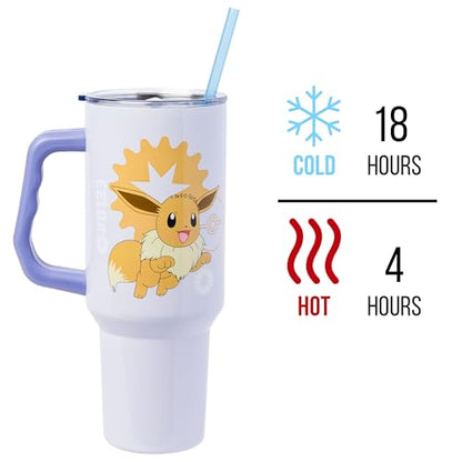 Silver Buffalo Pokémon Eevee Stainless Steel Tumbler with Handle, 40oz | Double-walled insulation, fits standard cup holder, secure lid with straw, travel friendly - color: Eevee Pokemon