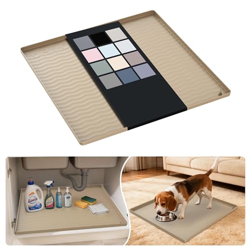 URMONA Waterproof Silicone Under Sink Mat 22'' x 22'' Shelf Liner for Kitchen and Bathroom, Cabinet and Counter Protector, Storage and Organizers, Litter Mat, Pet Cat Puppy Essentials(Khaki) - color: Khaki, size: 22"W x 22"L