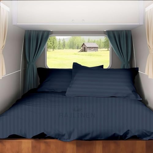 Rajlinen Short Queen RV Camper Sheet Set (60x75) – 100% Egyptian Cotton, Soft & Cooling, 16” Deep Pocket Fitted Sheet, Luxury Hotel Quality Bedding for RVs, Campers & Motorhomes (Navy Blue Stripe) - color: Navy Blue Stripe, size: Short Queen (60X75)