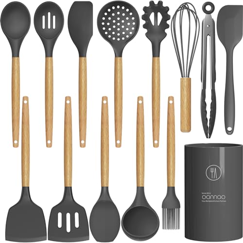 oannao Silicone Cooking Utensils Kitchen Utensil Set - 446°F Heat Resistant Silicone Kitchen Utensils Set, Spatula,Turner Tongs, Spoon, Whisk,Kitchen Gadgets for Nonstick Cookware, BPA Free (Gray) - color: Gray