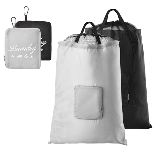 Travel Laundry Bags, 2Pcs JHX Foldable Dirty Clothes Bag 【Upgraded】 with Fixed Drawstring Net, Handles and Carabiner, Portable Laundry Bags for Travel and Fitness (Black+Grey) 30"H x 21"W - color: Black+Grey