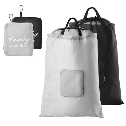 Travel Laundry Bags, 2Pcs JHX Foldable Dirty Clothes Bag 【Upgraded】 with Fixed Drawstring Net, Handles and Carabiner, Portable Laundry Bags for Travel and Fitness (Black+Grey) 30"H x 21"W - color: Black+Grey