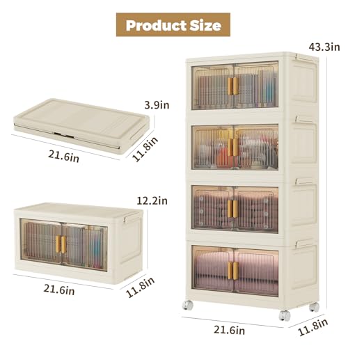 4 Tier Stackable Plastic Storage Bins with Lids 48QT, Collapsible Closet Organizers and Storage with Wheels for Living Room,Office,Dorm - size: 48Qt-4pack
