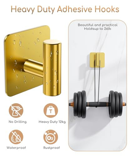 Aikzik 4 Pack Large Heavy Duty Wall Hooks - 26lb Max, Stainless Steel Adhesive Towel Hook, Shower Hooks for Hanging Towel, Coat, Robe, Wall Hook for Use in Bathroom, Kitchen and Door, Gold - color: Gold