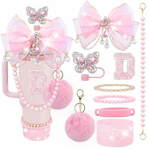 Letter Stickers Bling Accessories Set for Stanley 40/30/20 oz Tumbler: Bow Straw Topper, Charms, Butterfly Cap, Pearl Strap, Silicone Boot, Accessories for Stanley Quencher H2.0 - color: Pink Peony, style: D