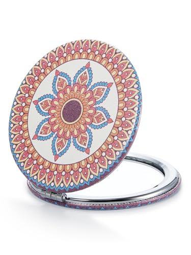 OMIRO 1X/10X Compact Magnifying Mirror, Unique Painting Pocket Mirror with Classical PU Leather (Round, Red Flower Mandala) - color: Red Flower Mandala