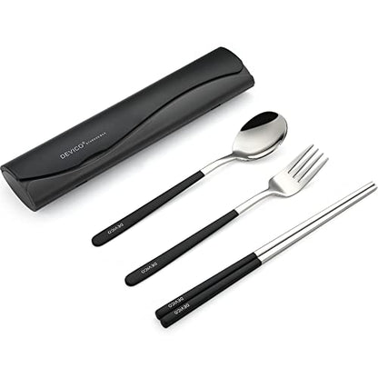 DEVICO Portable Travel Utensils with Case, Reusable Camping Silverware for Lunch, 18/8 Stainless Steel Cutlery Set (Black) - color: Black