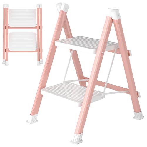 DIAMONDFORGE 2 Step Ladder, Folding Step Stool with Anti-Slip Wide Pedal, Anti-Slip Feet, Sturdiest Steel Construction, 330lbs Capacity Steel Ladder for Home and Office, Pink White - color: Pink&white, size: 2 Step