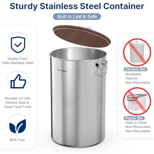 Paw Libero 35 Lbs Stainless Steel Dog Food Storage Container with Airtight Wooden Lid & Ceramic Bone Handle, Large Metal Dog Food Bin, Pet Treat Jars for Dogs & Cats, Keep Fresh, Easy to Clean - size: 35 lbs - 1pk