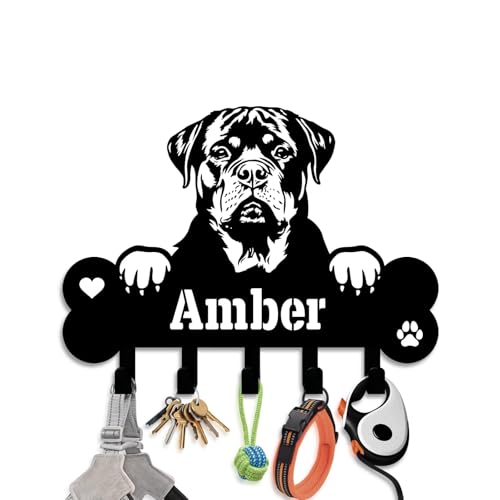 NIWAHO Dog Leash Holder Wall Mount Personalized Name - Custom Rottweiler Metal Sign with Bone Key Hooks, Pet Leash and Key Organizer for Entryway - color: Rottweiler