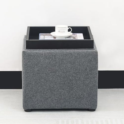 Adeco 17 inch Square Storage Ottoman with Reversible Tray Top, Linen Fabric Footrest Stool & Small Coffee Table for Living Room, Bedroom, and Dorm, Grey - color: Grey With Tray