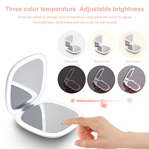 Mocado Compact LED Magnifying Travel Makeup-Mirror - 4 inches 1X/10X Magnification Small Hand Pocket Dimmable Double Sided USB Rechargeable Touch Screen, Portable Tabletop Cosmetic (White) - color: White
