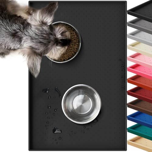 VIVAGLORY Pet Food Mat Grippymat Dog Bowl Mat, 19" L x 12" W, Black | Placemat with Raised Edge for Indoor, Waterproof Silicone for Cat Kitty & Puppy - color: Black, size: 19"L x 12"W