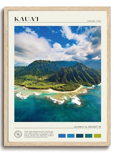 KISSFOX OAK Wood Framed Wall Art Kauai Wall Decor Hawaii Canvas Art Landscape Pictures Coastal Paintings Travel Posters Aesthetic Artwork For Bedroom Office Living room - color: Kauai, size: 12x16 Wood
